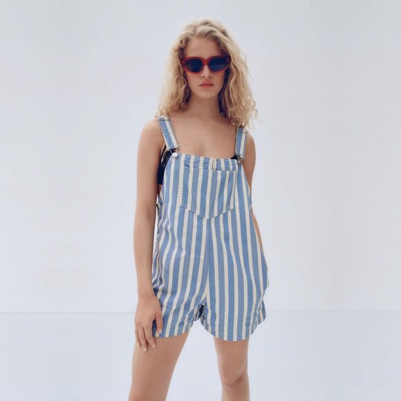 NEW ZARA Cotton Denim Relaxed Fit Striped Romper - Size S (Oversized) - Picture 5 of 14